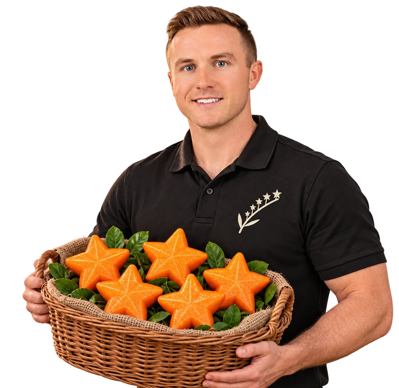 Jake holding a woven basket full of orange star-shaped fruit