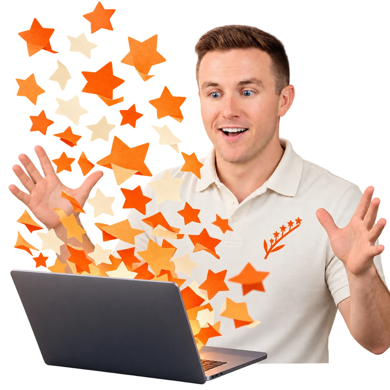 Jake watching orange stars burst out of an open laptop
