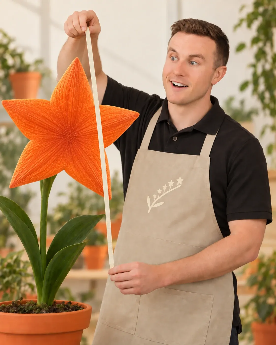 Jake in a greenhouse, measuring a tall orange star-shaped flower with a tape