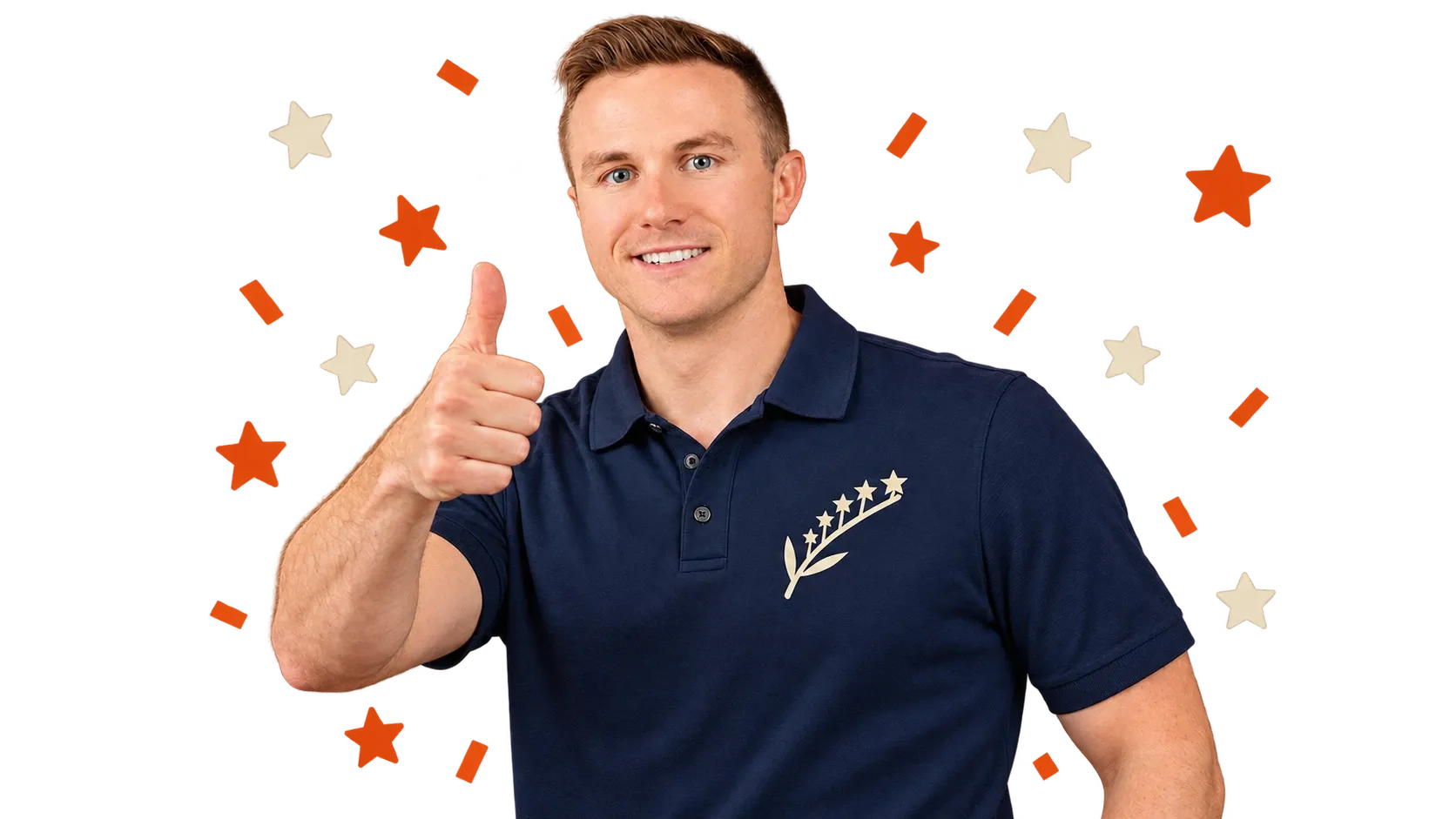 Jake, founder of 5star Harvest, giving a thumbs up surrounded by star confetti