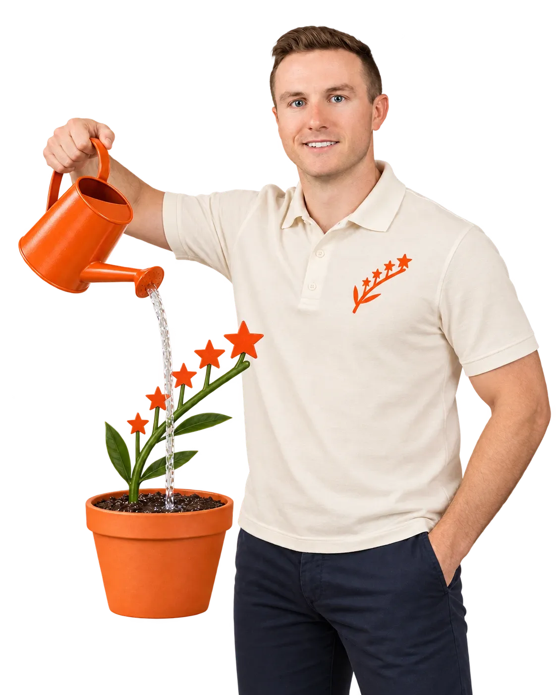Jake Holmquest, founder of 5star Harvest, watering a potted plant that is growing five orange stars